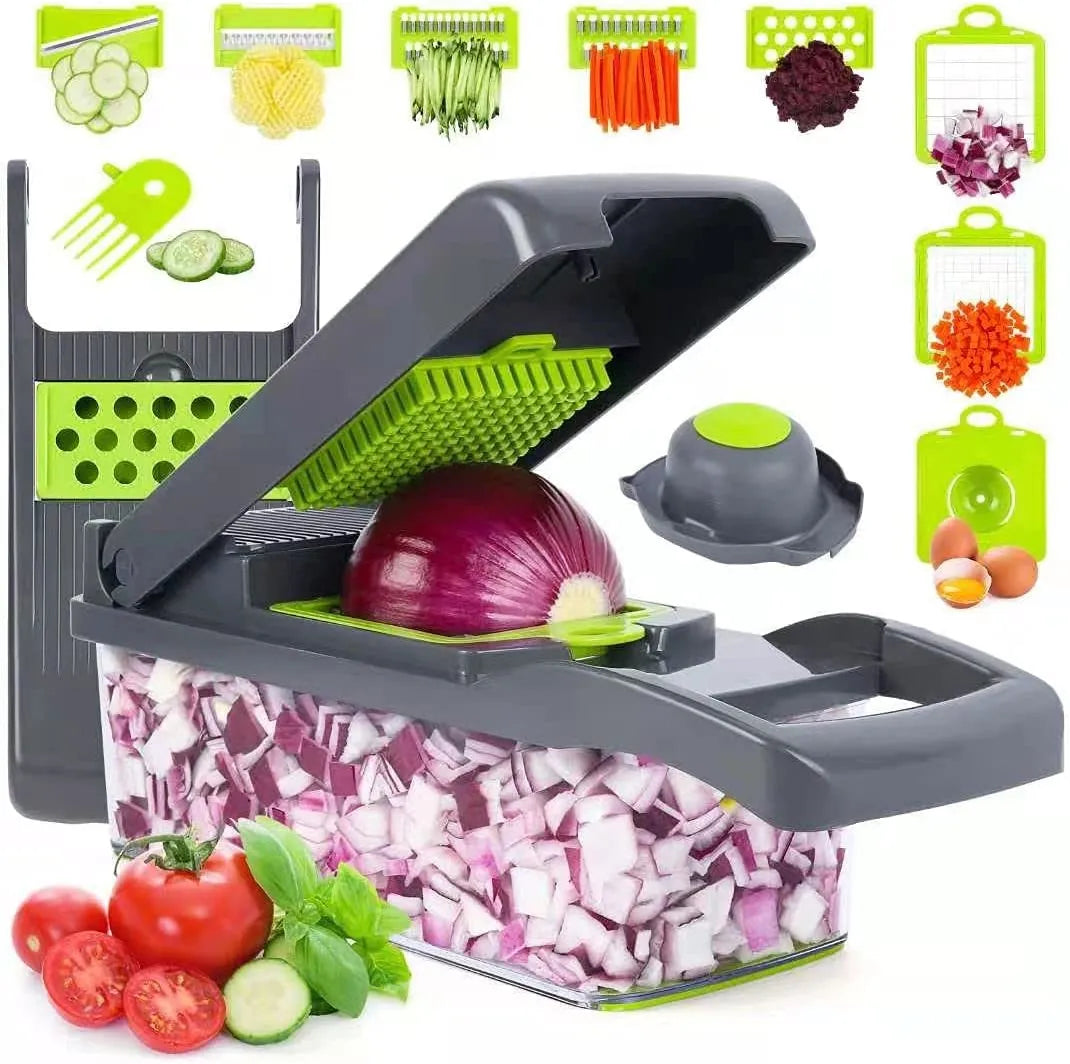 16-in-1 Multifunctional Vegetable Chopper & Slicer with Colander Basket and Storage Container – Heavy-Duty Food Cutter & Dicer for Onion, Potato, Carrot, Garlic & More